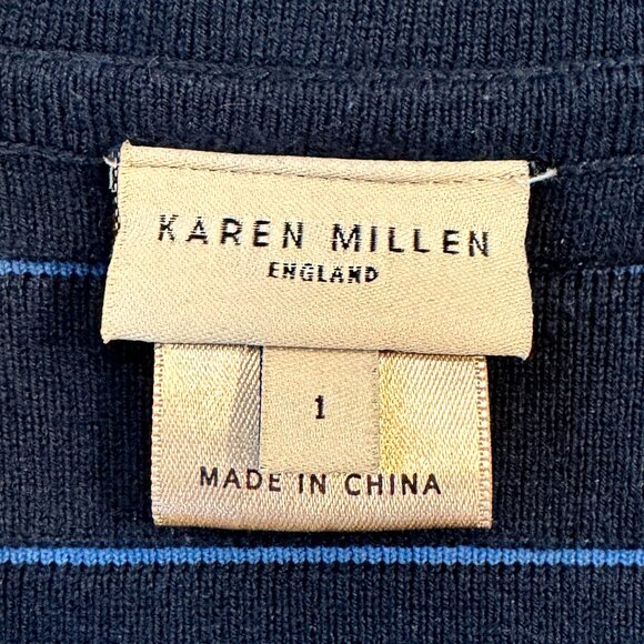 Karen Millen Navy Blue Striped Belted Sweater Jacket Snap Closure Women's Size 1 - Picture 3 of 6